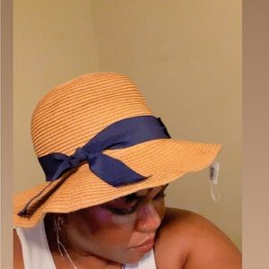 Stylish Tan Rafia Sun Hat with Navy Ribbon